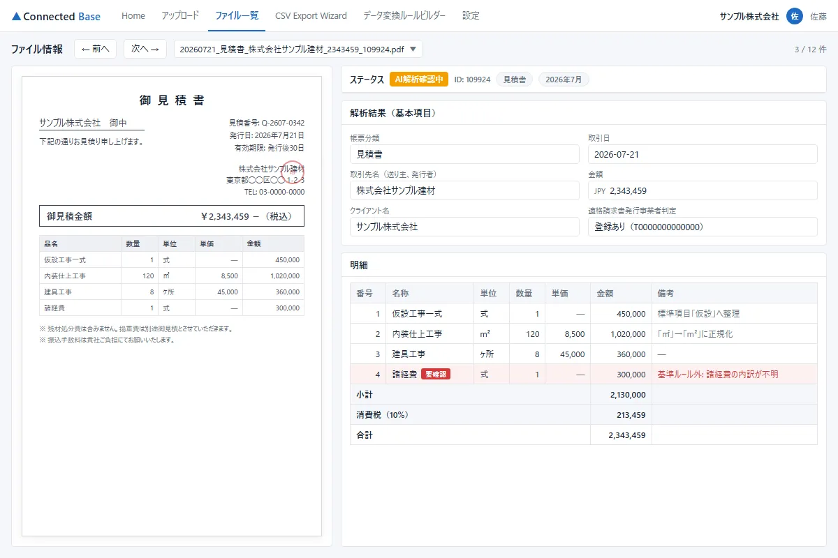 Connected Baseの基準チェック画面。判断に迷う項目が「要確認」として表示されている（画面イメージ）
