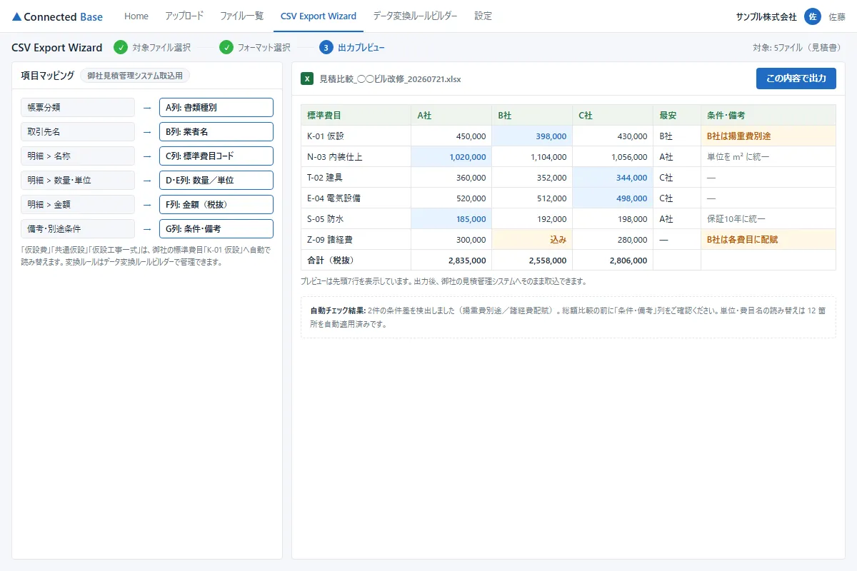Connected Baseの出力プレビュー画面。バラバラの見積書が自社フォーマットの比較表に整形されている（画面イメージ）
